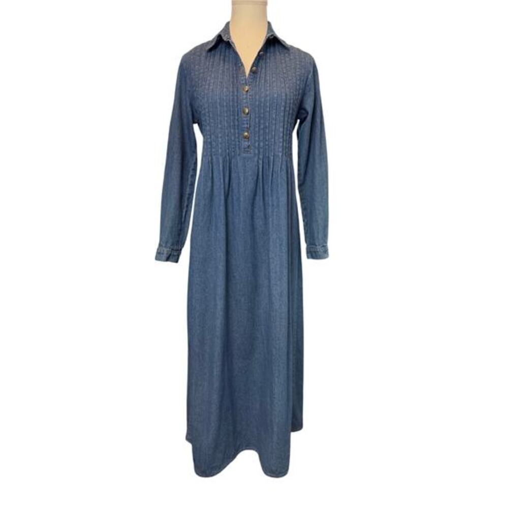 VTG Neiman Marcus Sz 4‎ Blue Denim Maxi Dress Pintuck Front Jean Western Prairie